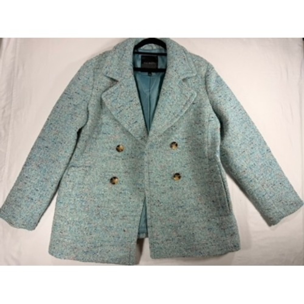 Talbots Tweed Pea Coat Women M Blue Excellent Wool Blend Double Breasted Jacket